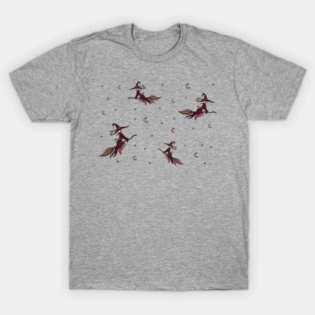 Flying witch on a broomstick with crescent moons and stars autumn halloween spooky pattern T-Shirt by AlmightyClaire